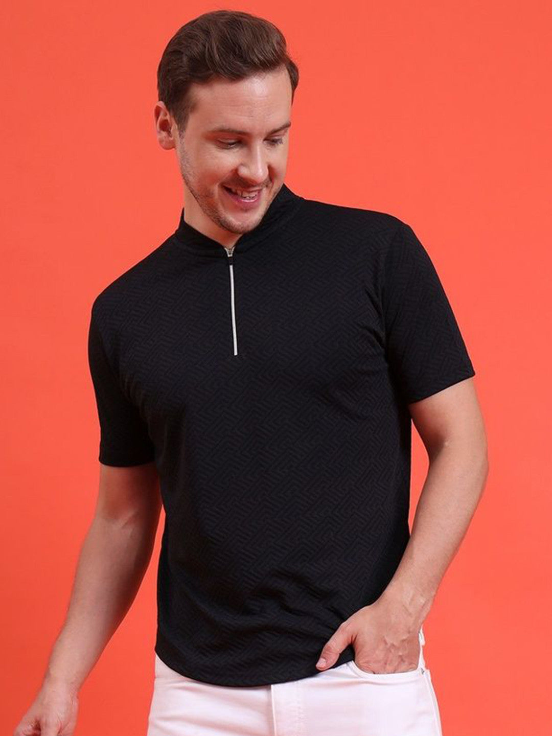 Men Mandarin Collar Tee Casual Wear Half Sleeve Polyester Textured T-shirt