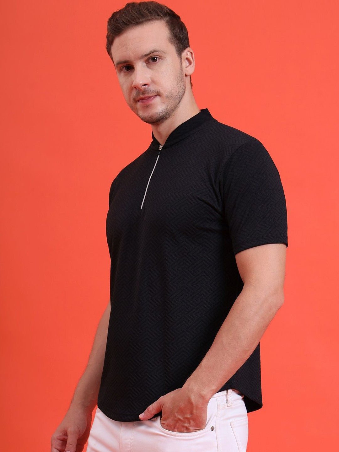 Men Mandarin Collar Tee Casual Wear Half Sleeve Polyester Textured T-shirt