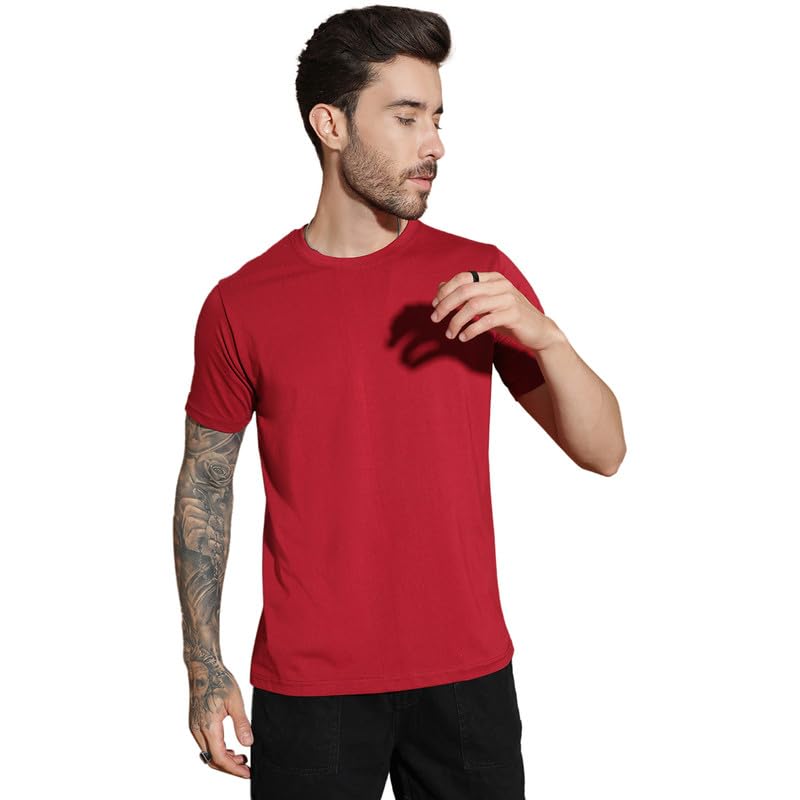 EPPE Men Solid Round Neck Organic Cotton Wine Red T-Shirt
