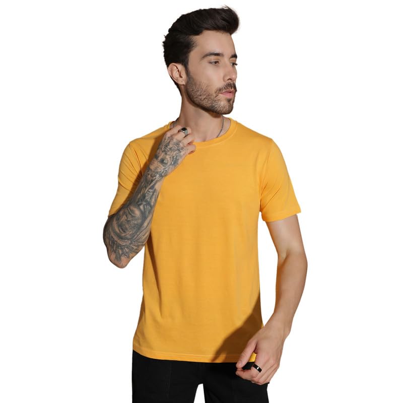 EPPE Men Solid Round Neck Organic Cotton Yellow T-Shirt