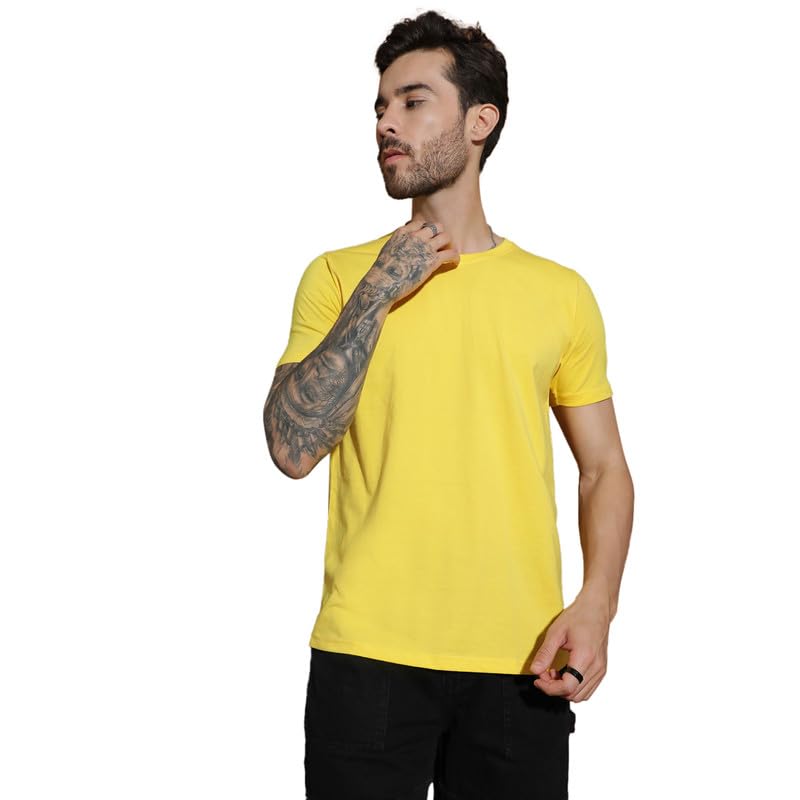 EPPE Men Solid Round Neck Organic Cotton Yellow T-Shirt