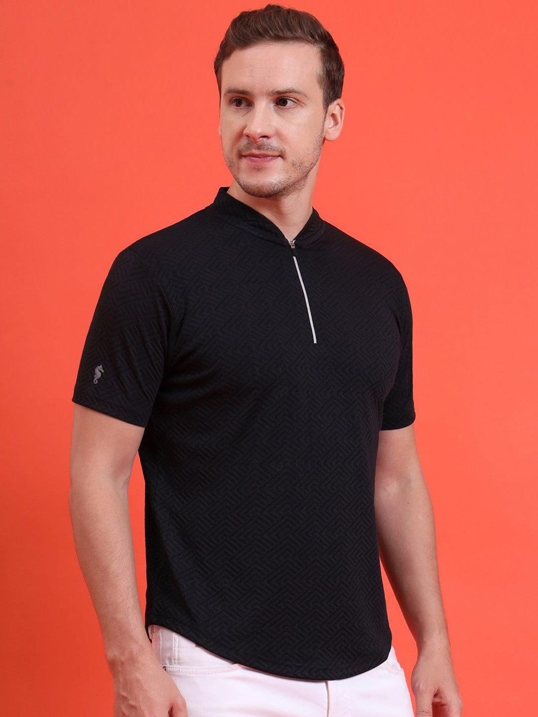 Men Mandarin Collar Tee Casual Wear Half Sleeve Polyester Textured T-shirt