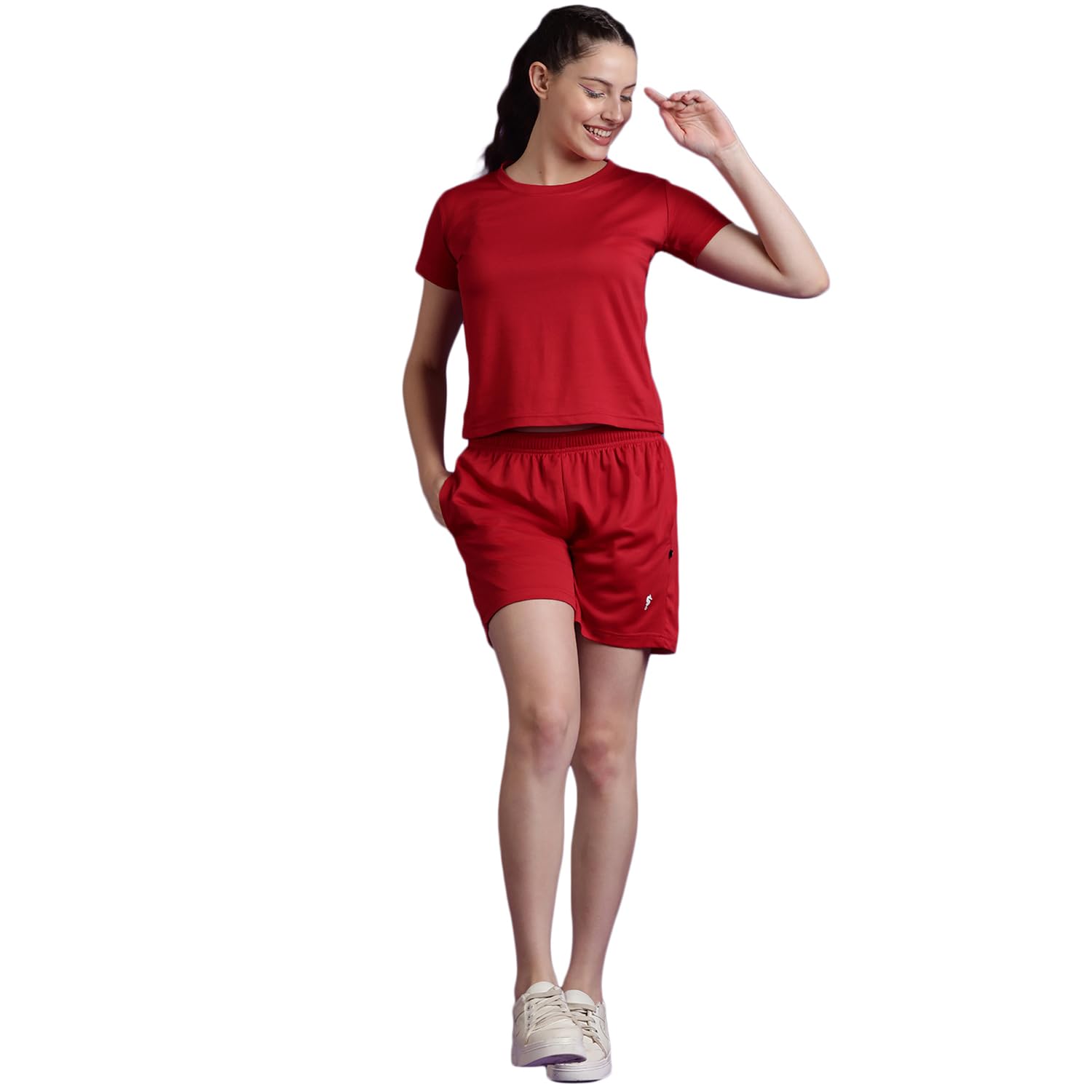 Eppe Women's Dot Knit Co-ord Set – Red (Crop T-Shirt + Shorts)