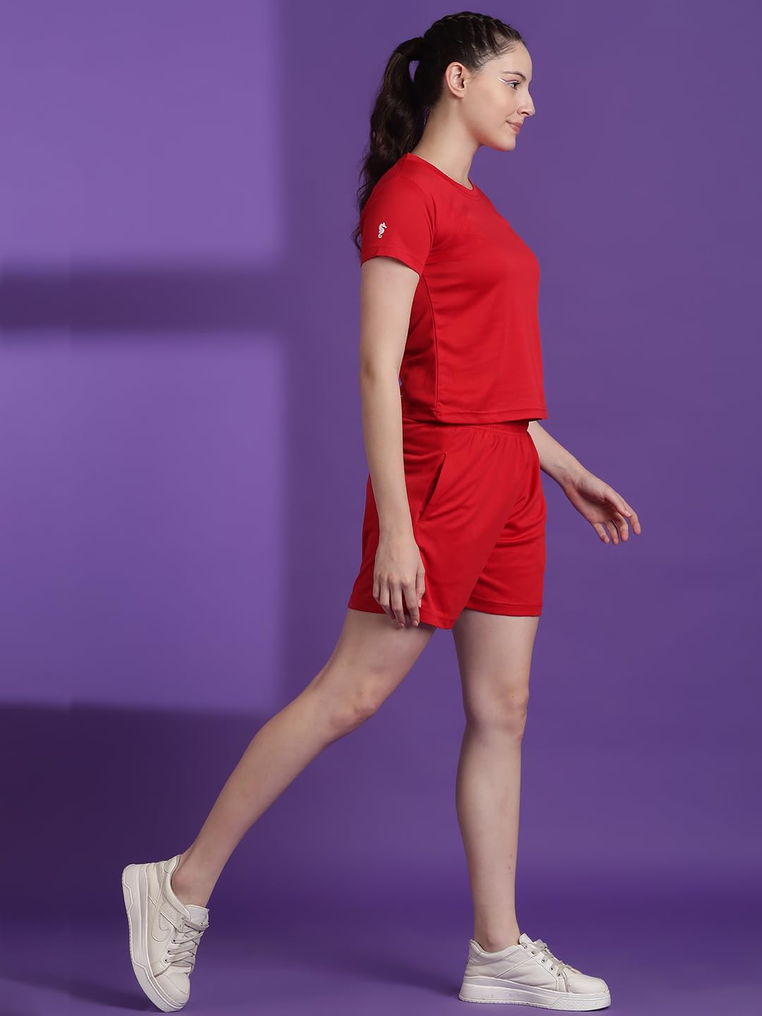 Eppe Women's Dot Knit Co-ord Set – Red (Crop T-Shirt + Shorts)
