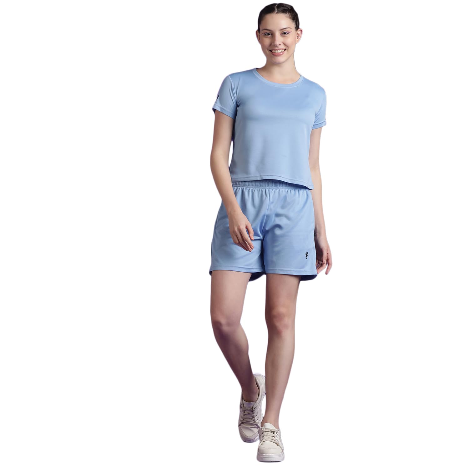 Eppe Women's Dot Knit Co-ord Set – Blue (Crop T-Shirt + Shorts)