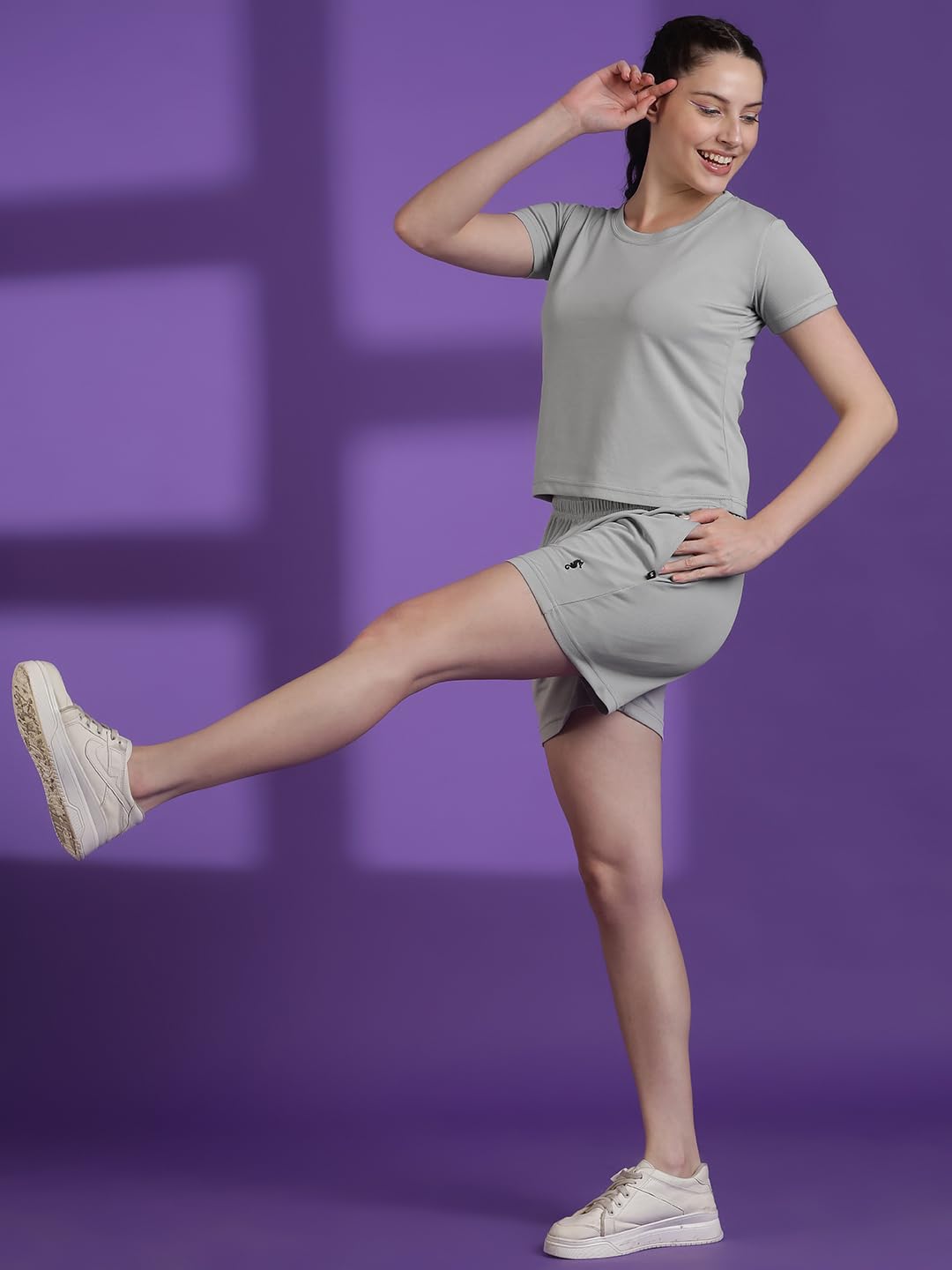 Eppe Women's Dot Knit Co-ord Set – Grey (Crop T-Shirt + Shorts)