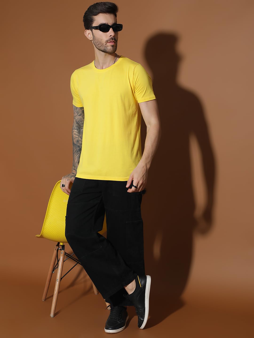 EPPE Men Solid Round Neck Organic Cotton Yellow T-Shirt