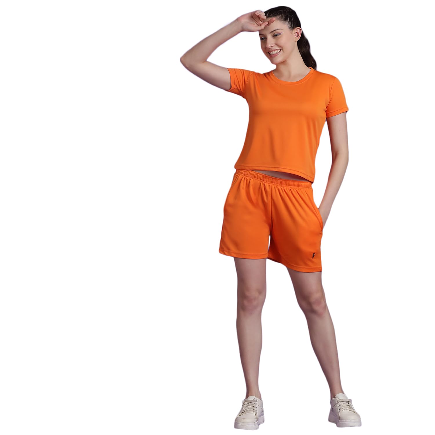 Eppe Women's Dot Knit Co-ord Set – Orange (Crop T-Shirt + Shorts)