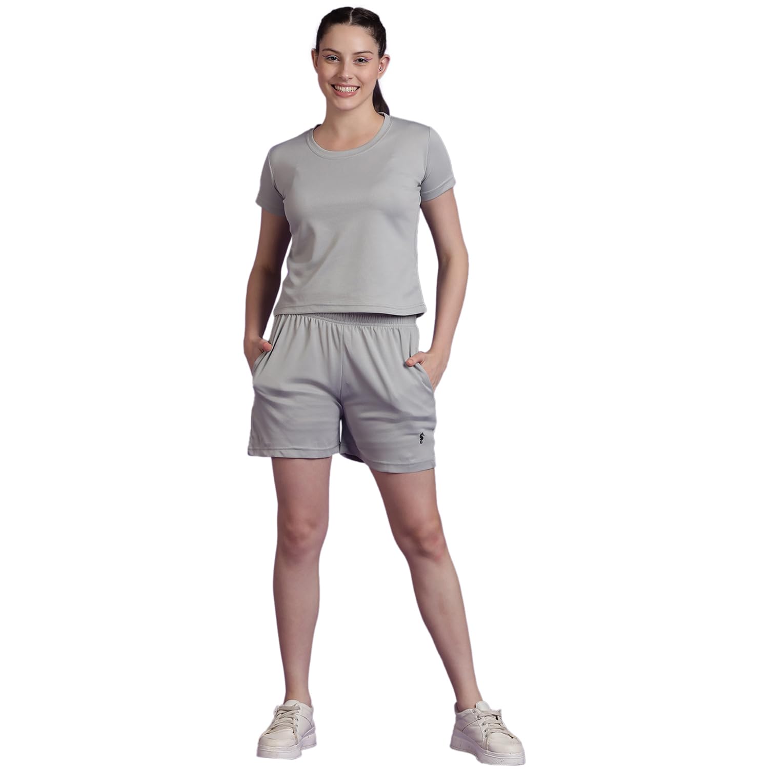 Eppe Women's Dot Knit Co-ord Set – Grey (Crop T-Shirt + Shorts)