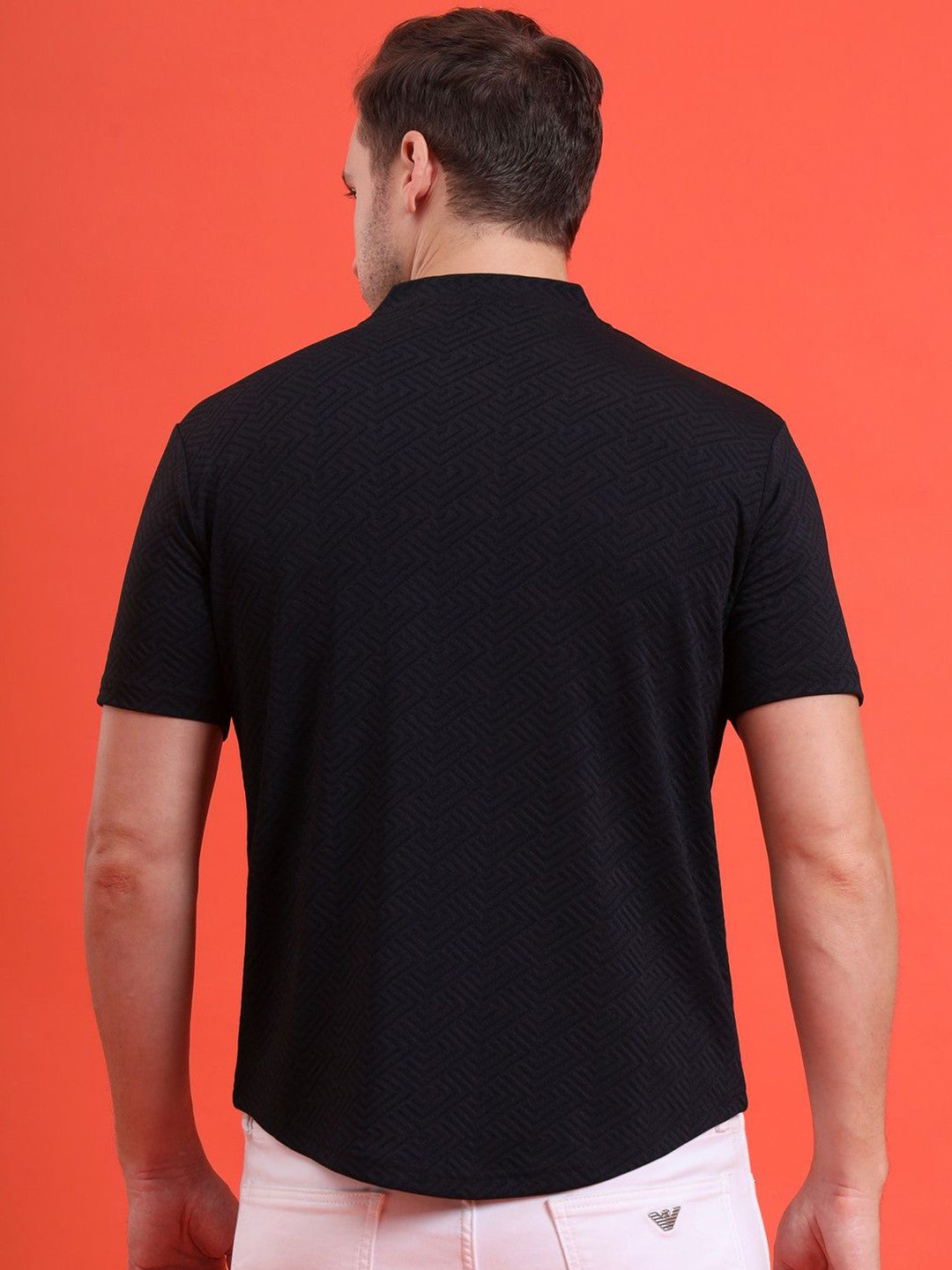 Men Mandarin Collar Tee Casual Wear Half Sleeve Polyester Textured T-shirt