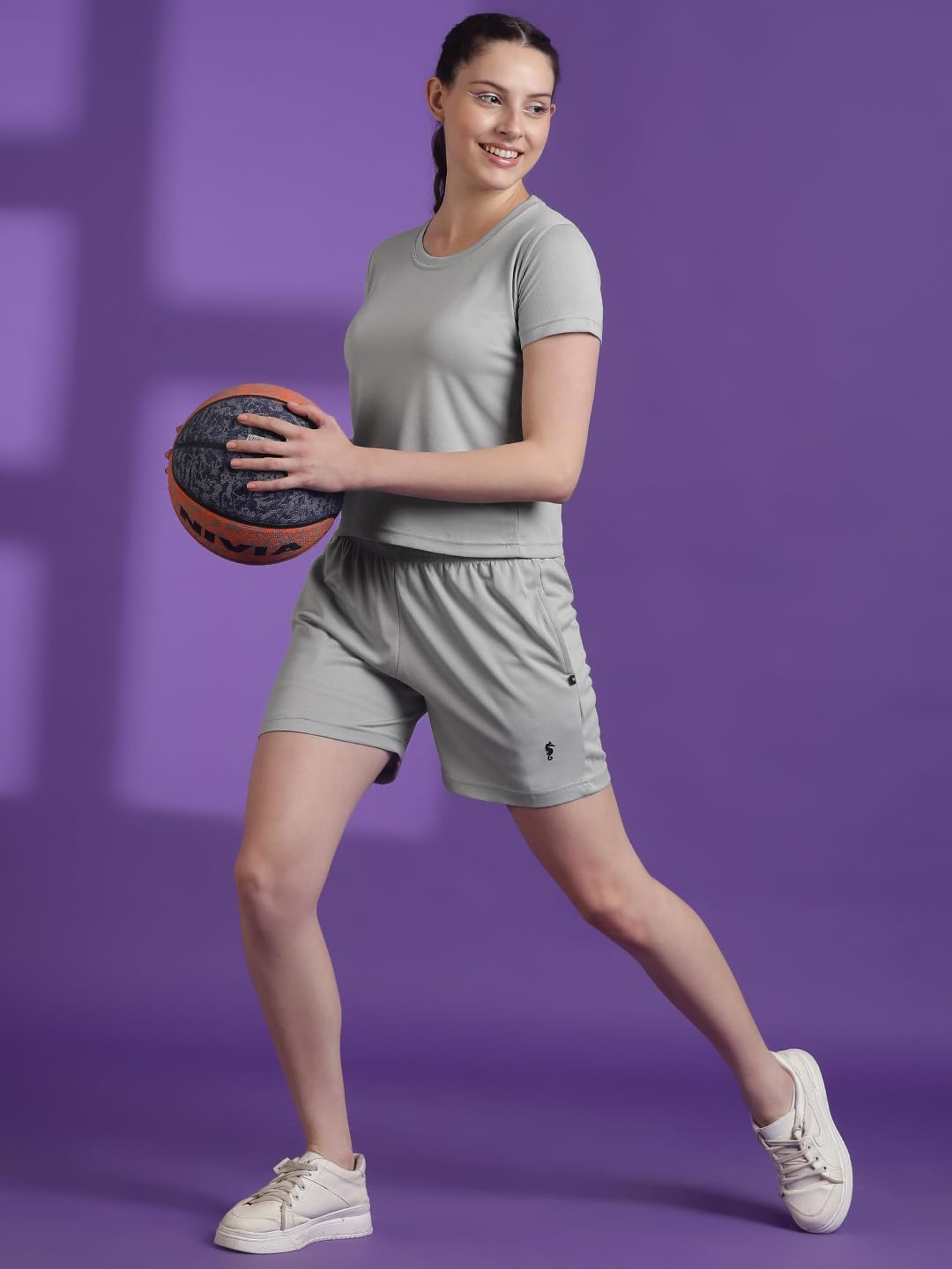 Eppe Women's Dot Knit Co-ord Set – Grey (Crop T-Shirt + Shorts)