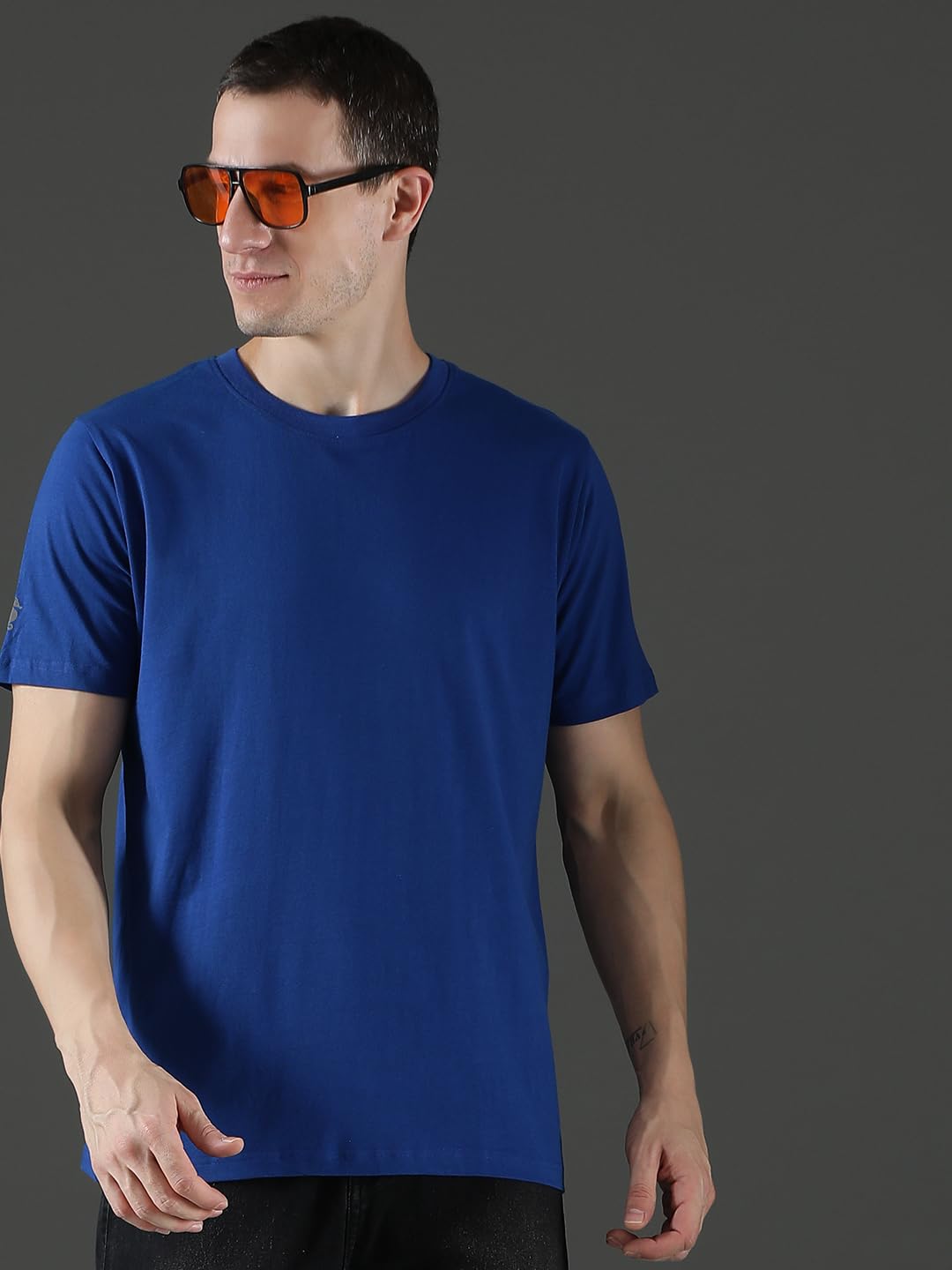 EPPE Men Solid Round Neck Organic Cotton Dark Blue T-Shirt