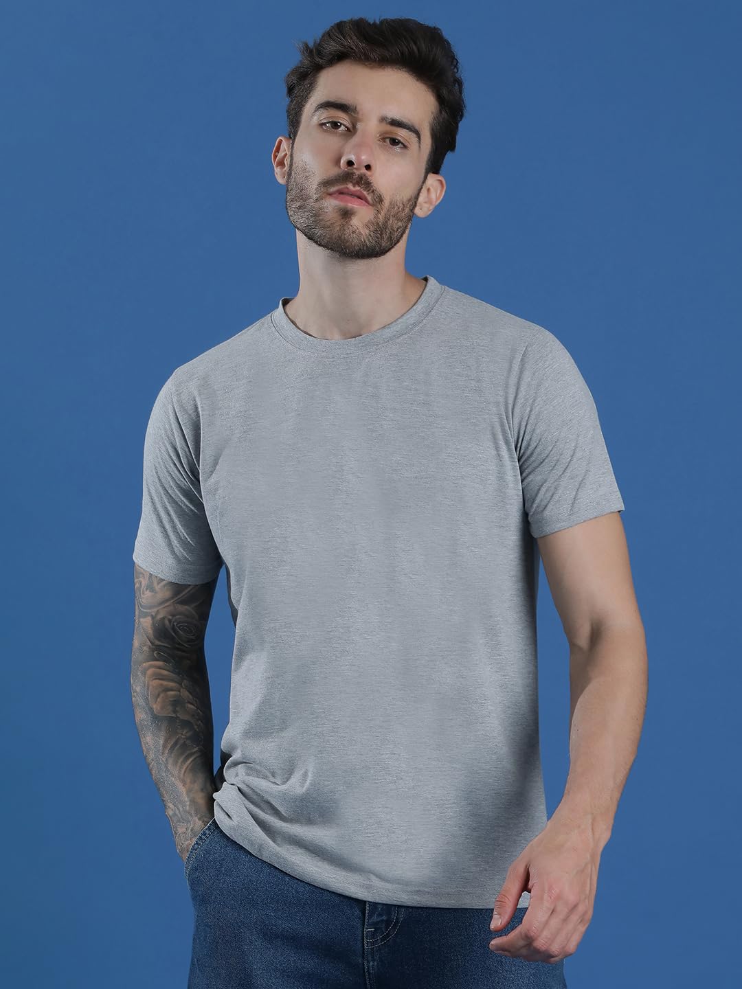 EPPE Men Solid Round Neck Organic Cotton Grey T-Shirt