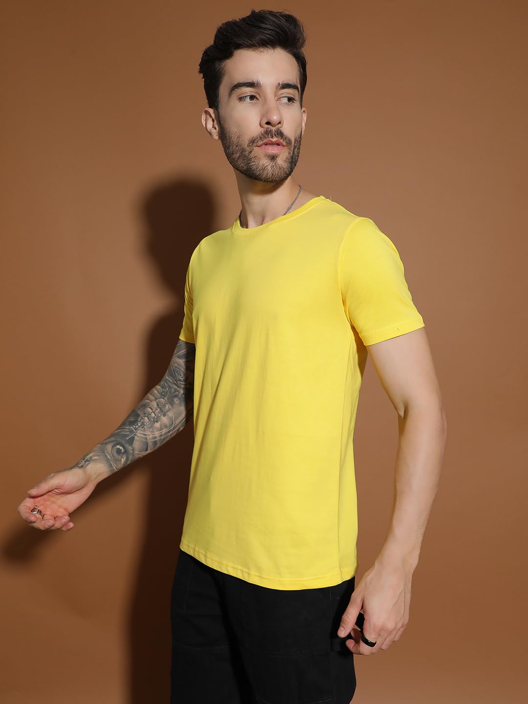 EPPE Men Solid Round Neck Organic Cotton Yellow T-Shirt