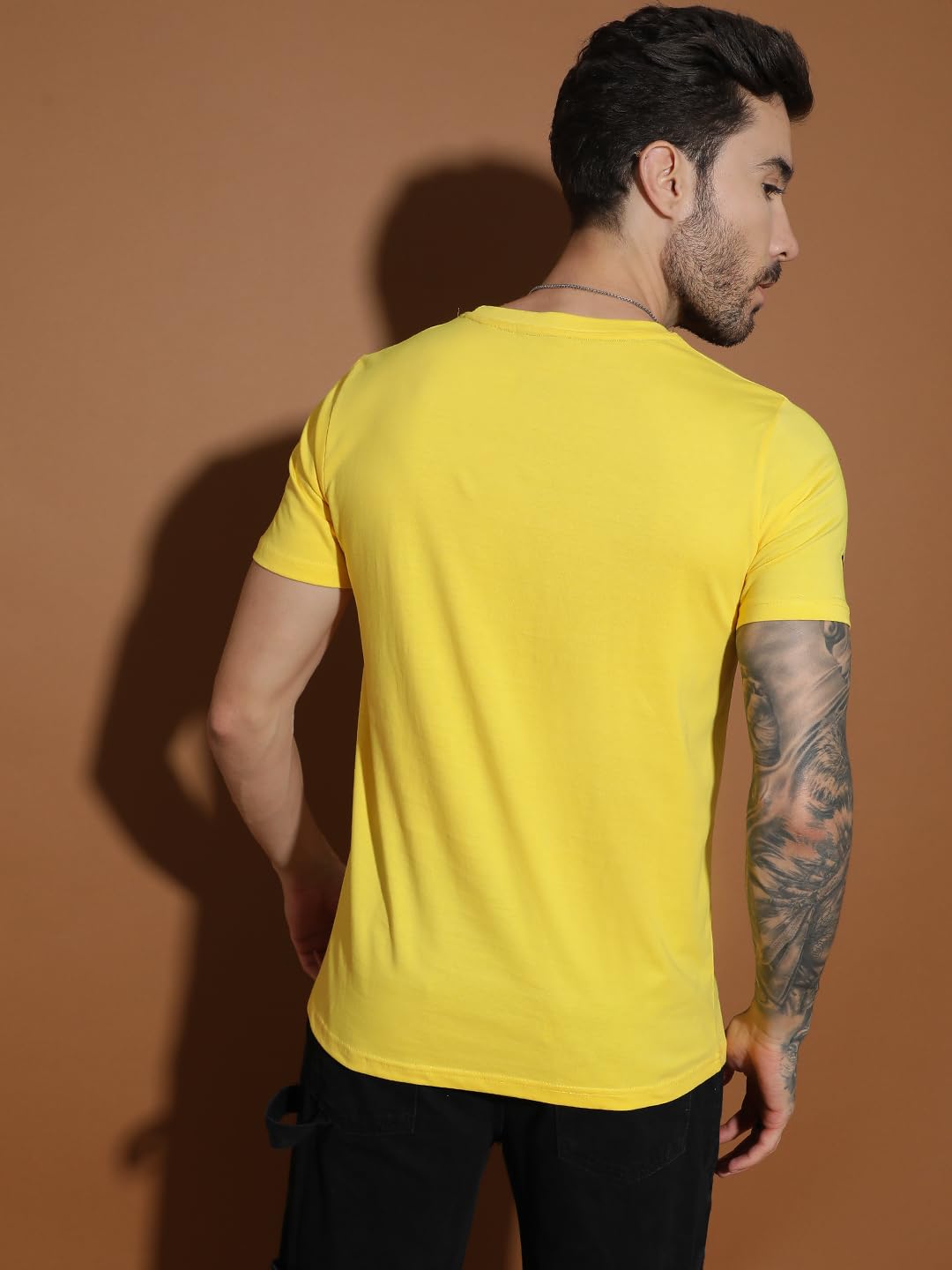 EPPE Men Solid Round Neck Organic Cotton Yellow T-Shirt