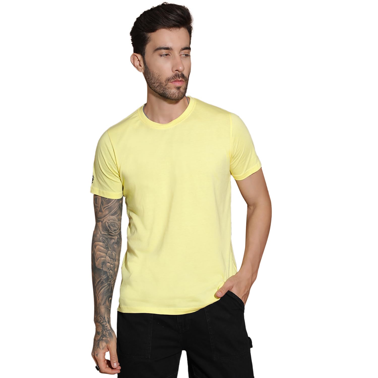 EPPE Men Solid Round Neck Organic Cotton Yellow T-Shirt