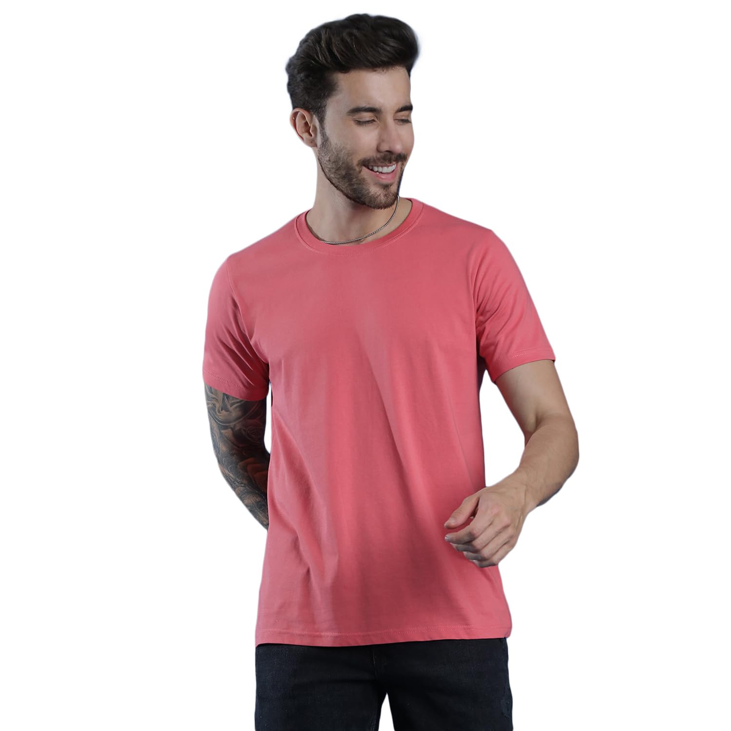 EPPE Men Solid Round Neck Organic Cotton Pink T-Shirt