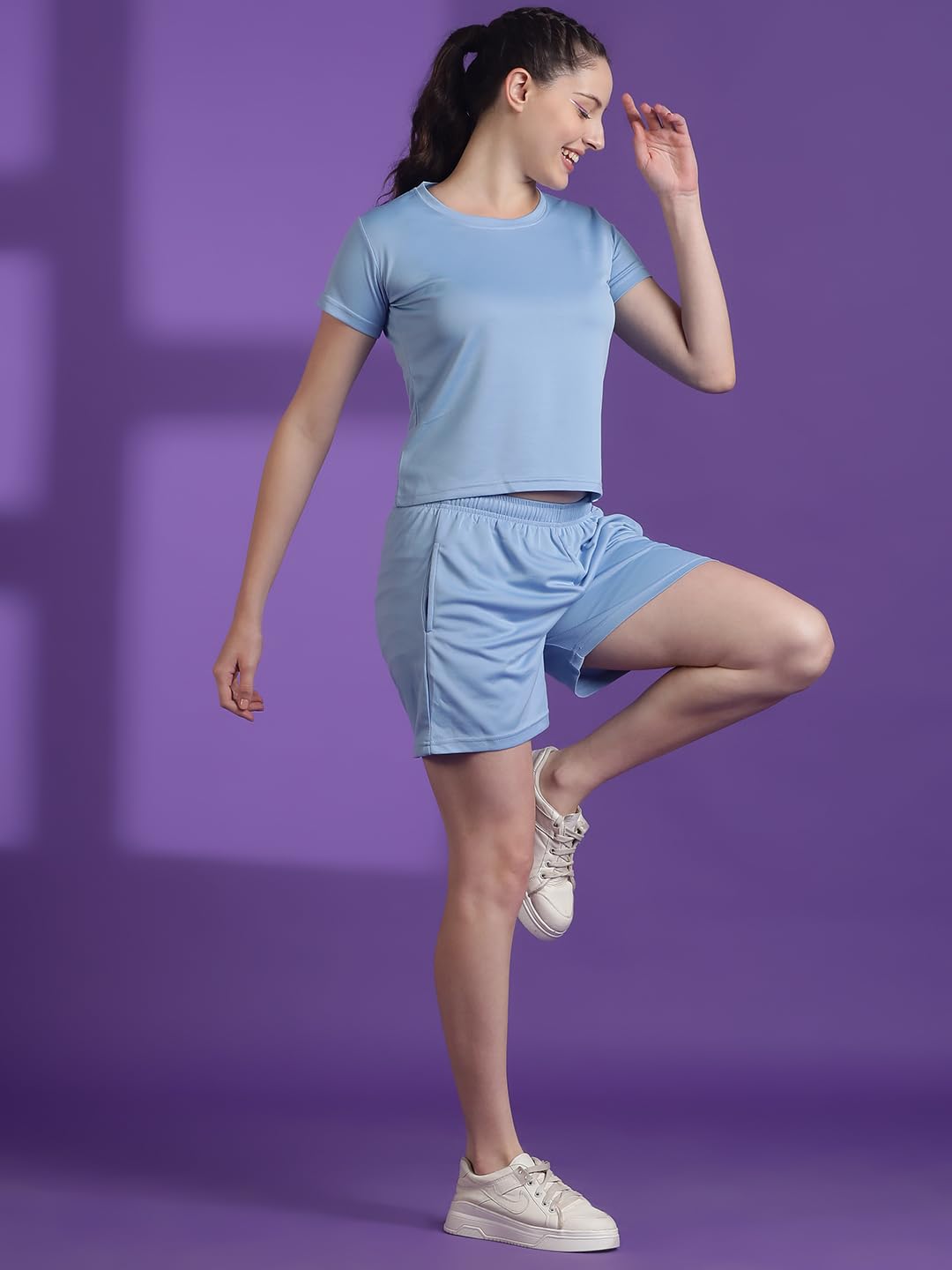 Eppe Women's Dot Knit Co-ord Set – Blue (Crop T-Shirt + Shorts)