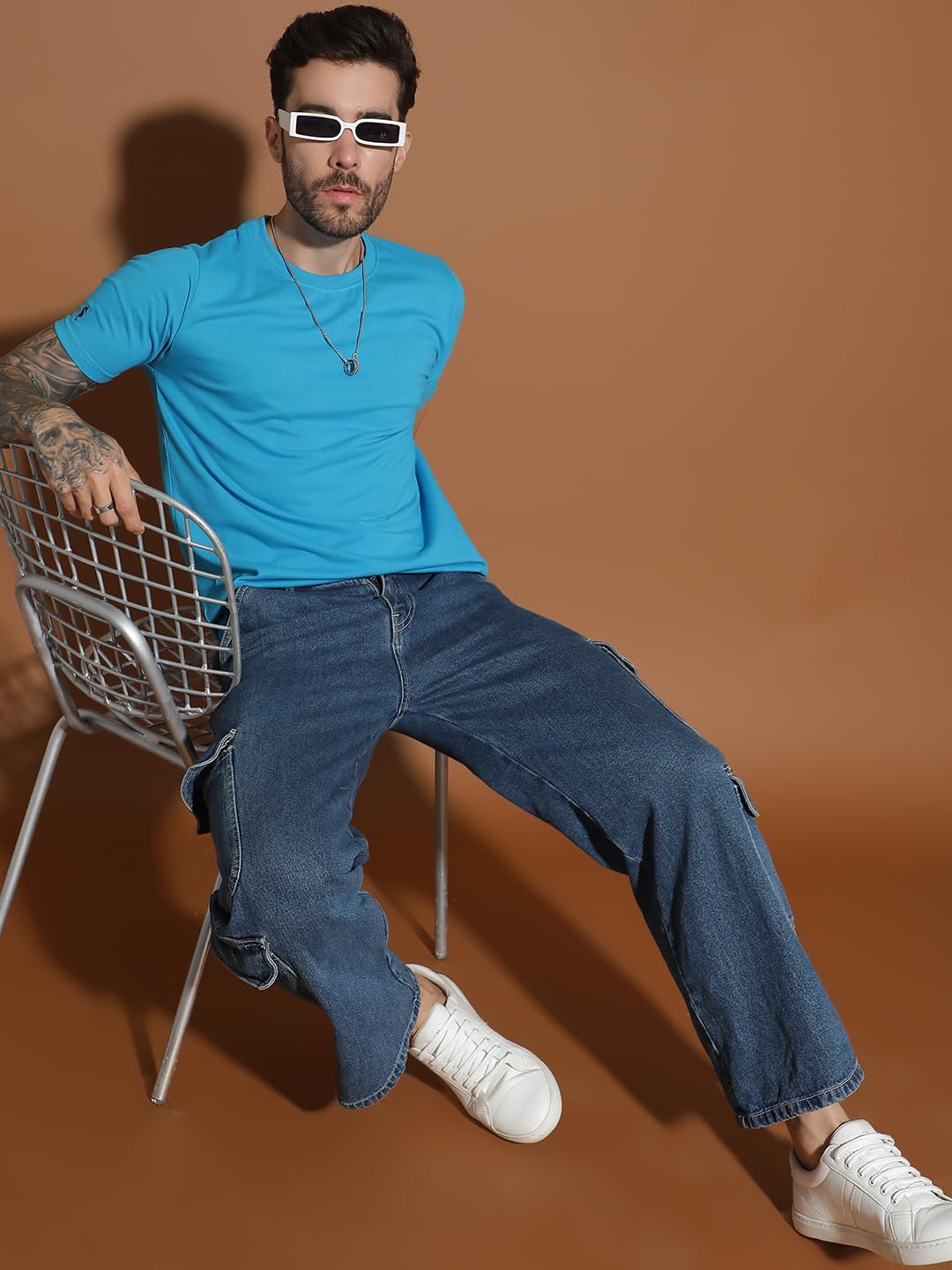 EPPE Men Solid Round Neck Organic Cotton Blue T-Shirt