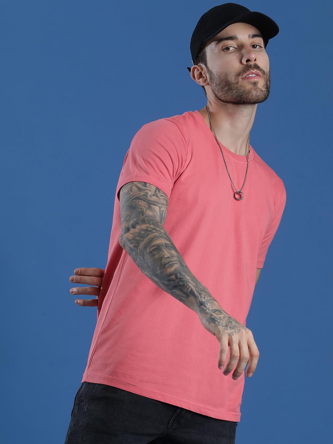 EPPE Men Solid Round Neck Organic Cotton Pink T-Shirt