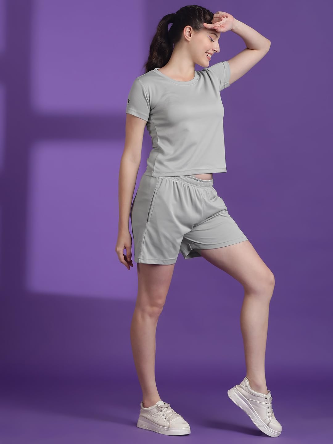 Eppe Women's Dot Knit Co-ord Set – Grey (Crop T-Shirt + Shorts)
