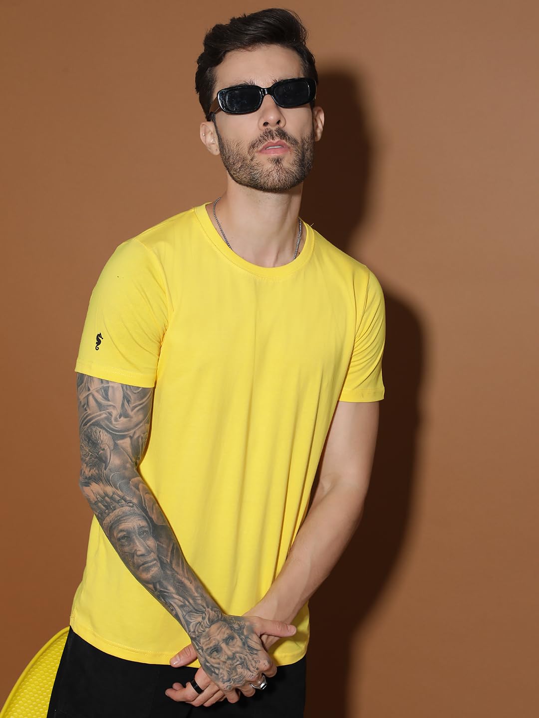 EPPE Men Solid Round Neck Organic Cotton Yellow T-Shirt