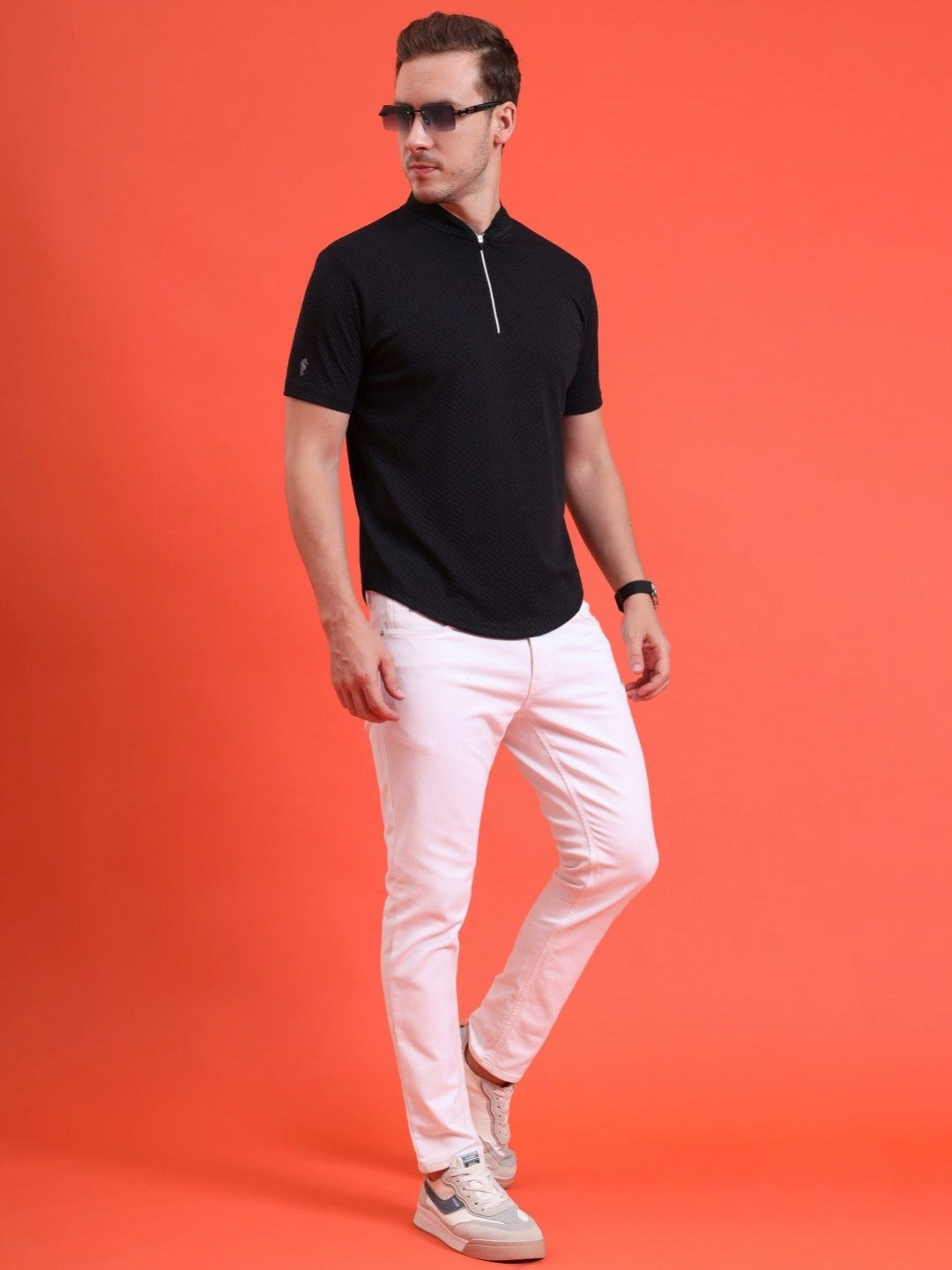 Men Mandarin Collar Tee Casual Wear Half Sleeve Polyester Textured T-shirt