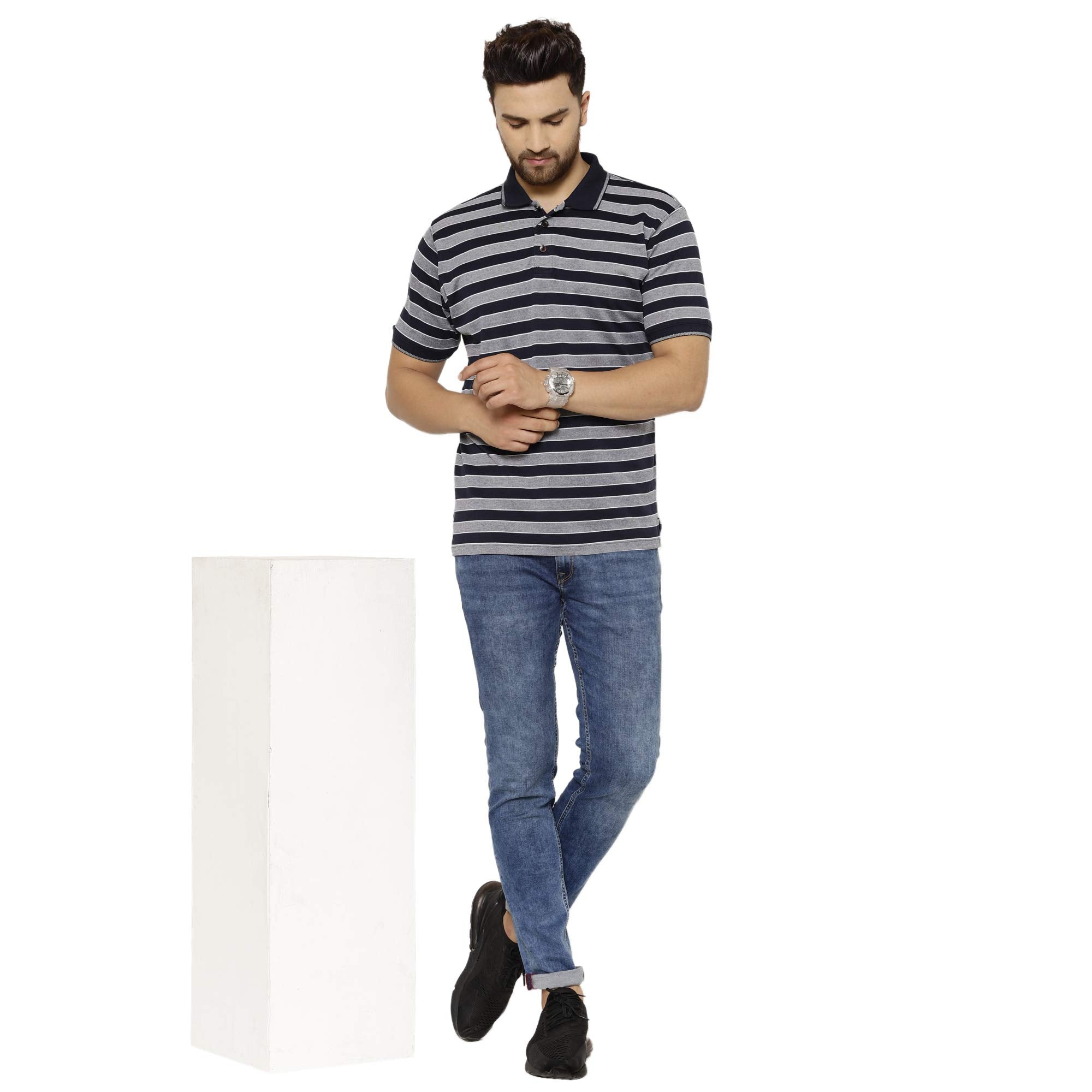 Eppe Men's Cotton Striped Polo T-Shirt – Navy Blue & Grey