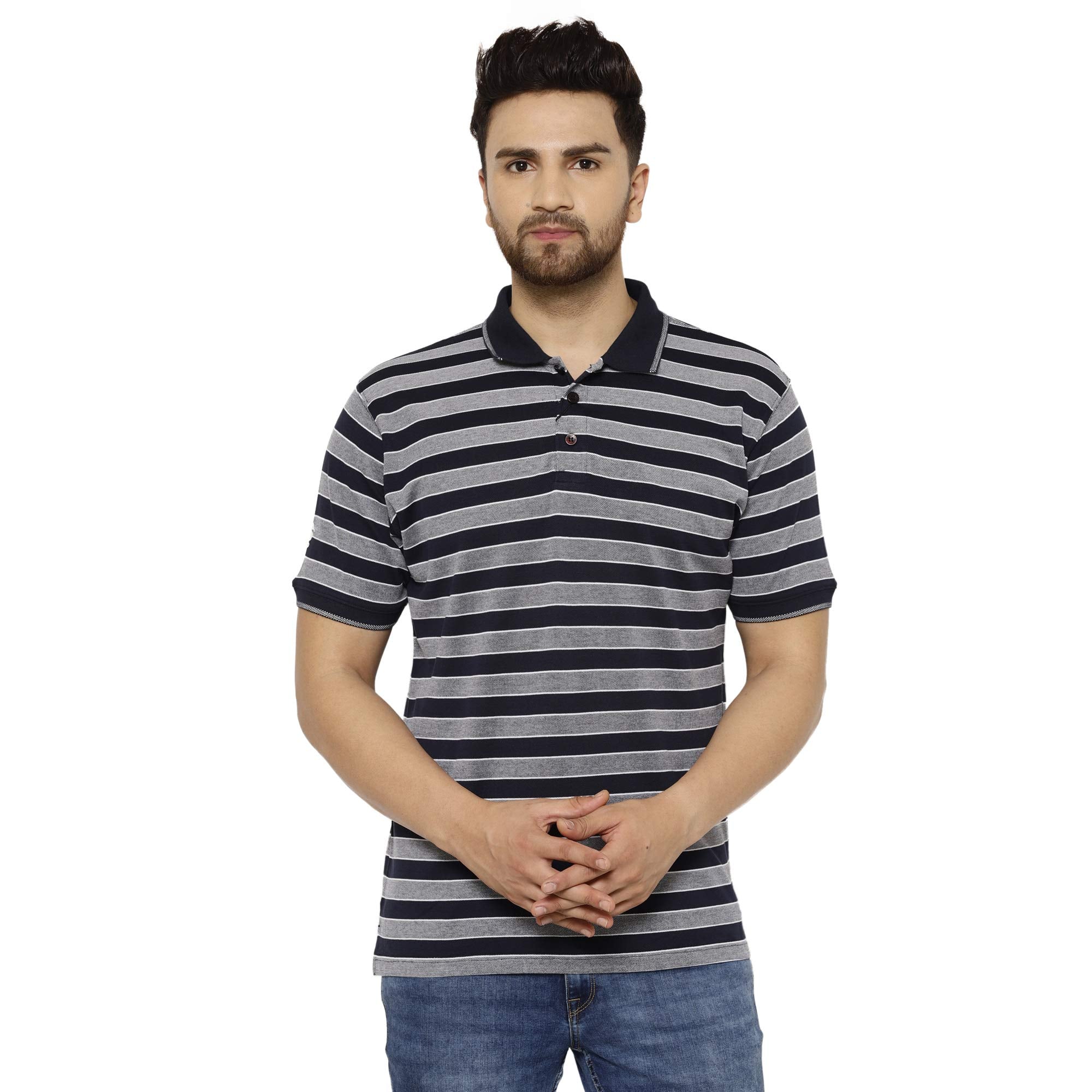 Eppe Men's Cotton Striped Polo T-Shirt – Navy Blue & Grey