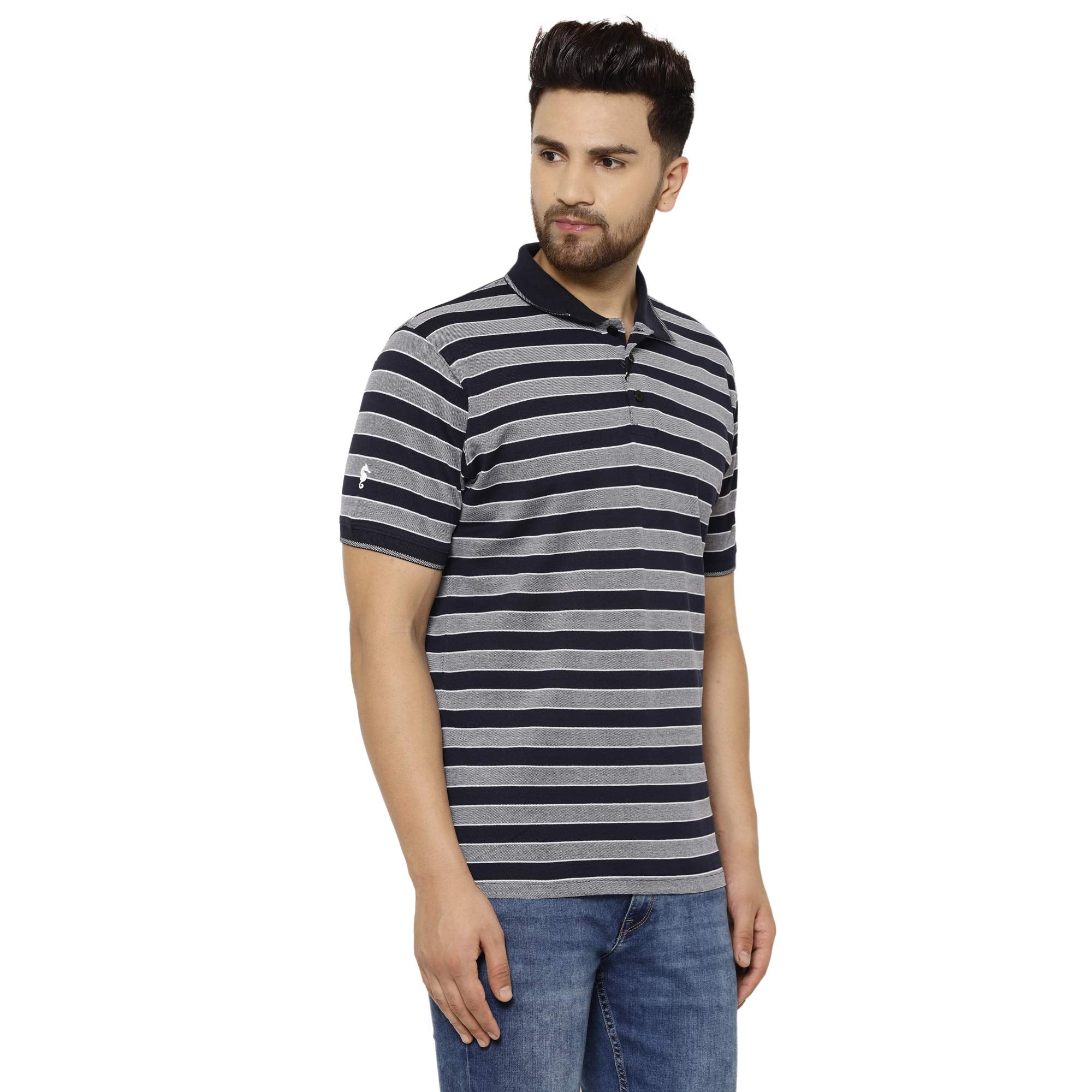 Eppe Men's Cotton Striped Polo T-Shirt – Navy Blue & Grey