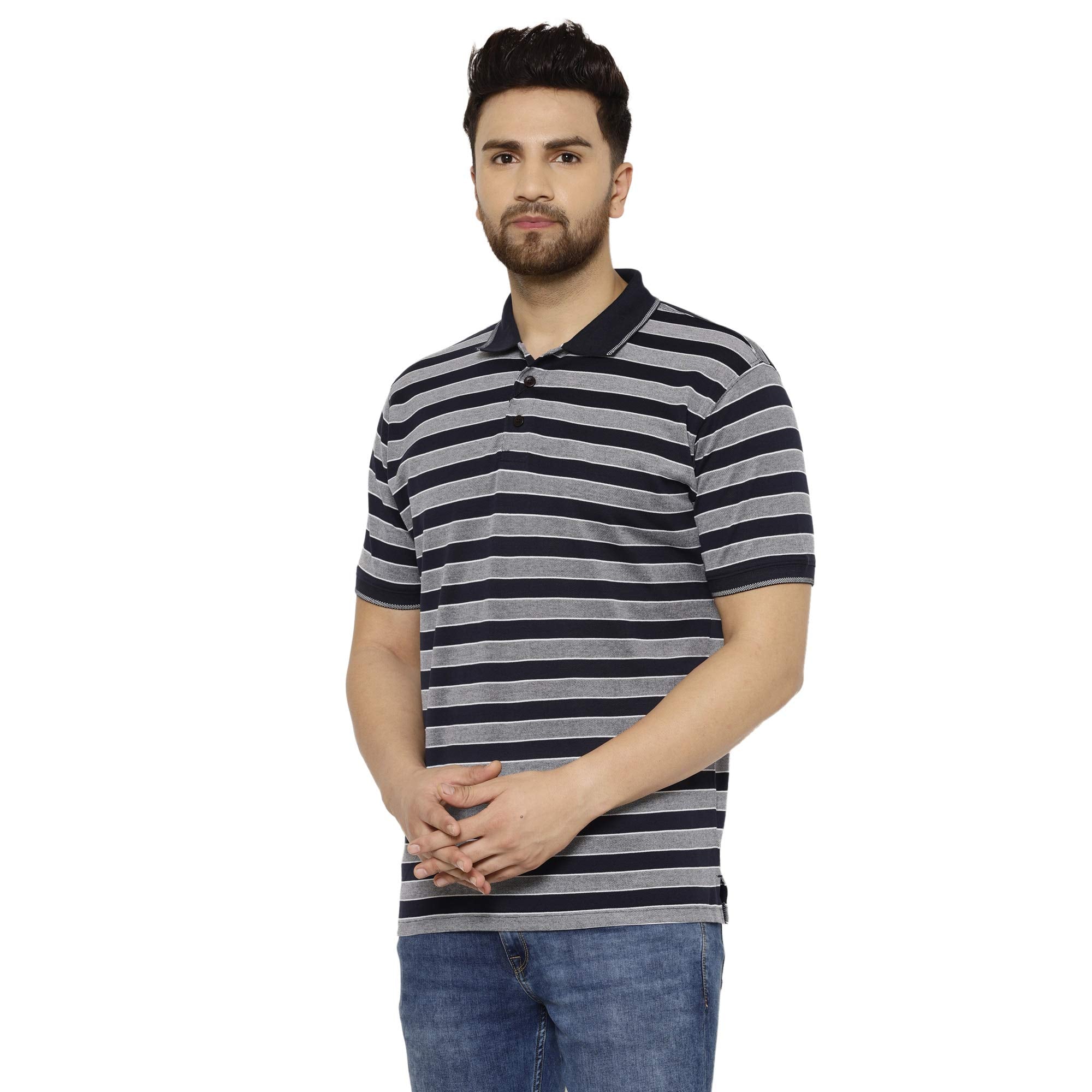 Eppe Men's Cotton Striped Polo T-Shirt – Navy Blue & Grey