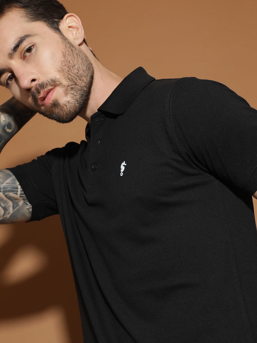 Men Polo Collar Casual Half Sleeve Textured T-Shirt