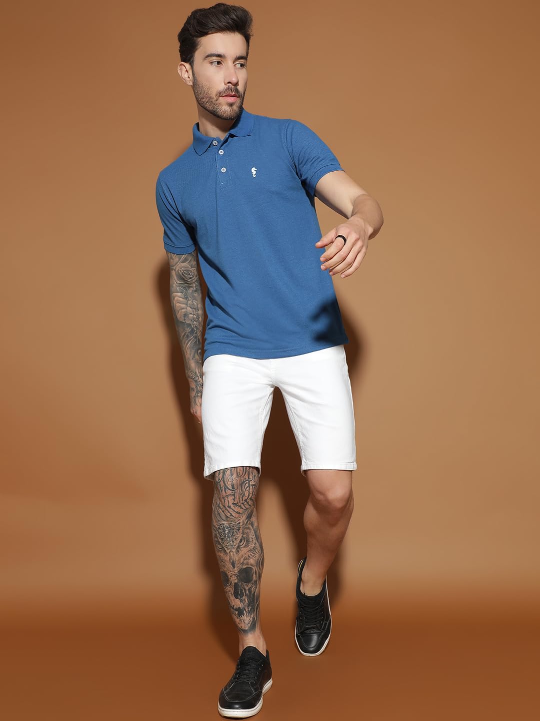 Men Polo Collar Casual Half Sleeve Textured T-Shirt