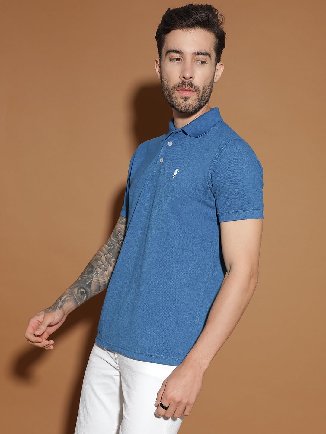 Men Polo Collar Casual Half Sleeve Textured T-Shirt