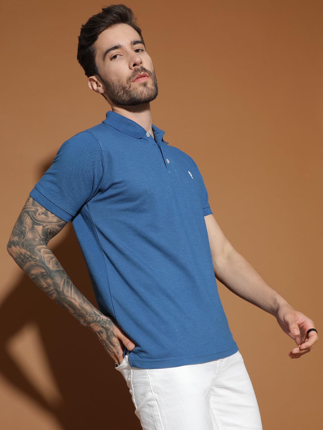 Men Polo Collar Casual Half Sleeve Textured T-Shirt