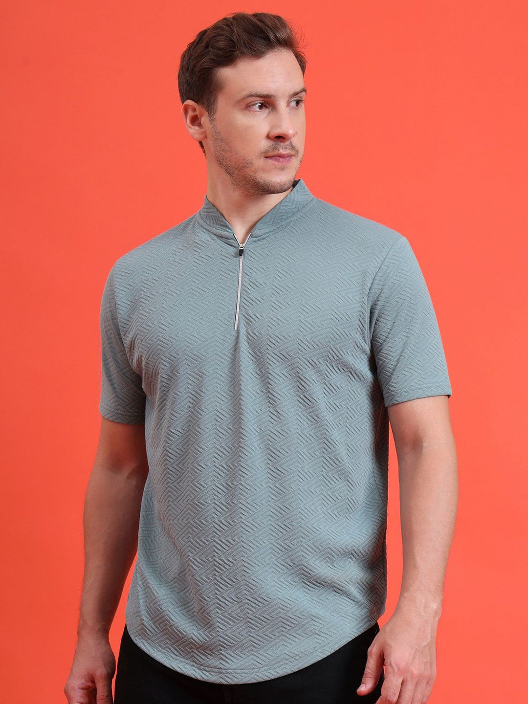 Men Mandarin Collar Tee Casual Wear Half Sleeve Polyester Textured T-shirt