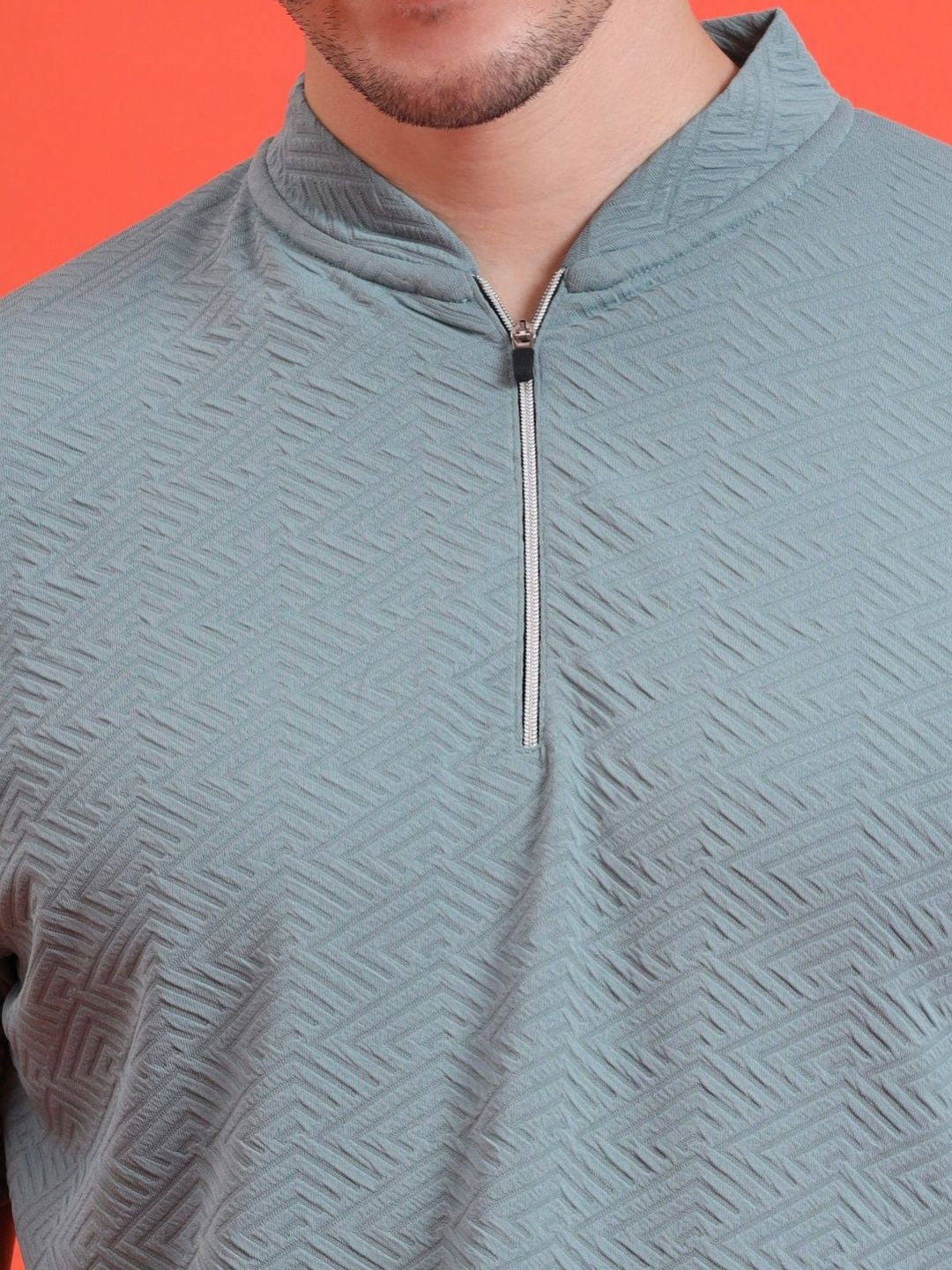 Men Mandarin Collar Tee Casual Wear Half Sleeve Polyester Textured T-shirt