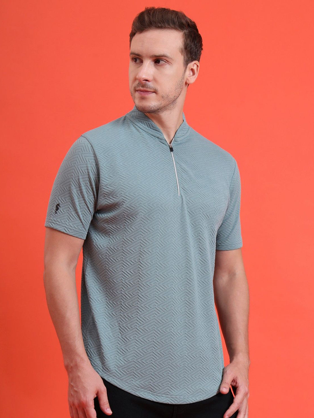 Men Mandarin Collar Tee Casual Wear Half Sleeve Polyester Textured T-shirt
