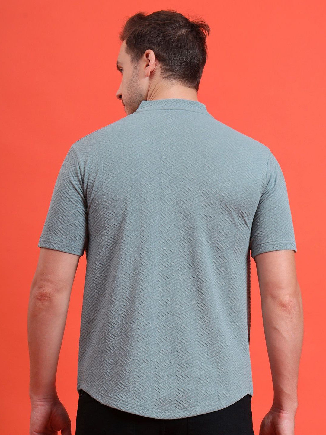 Men Mandarin Collar Tee Casual Wear Half Sleeve Polyester Textured T-shirt