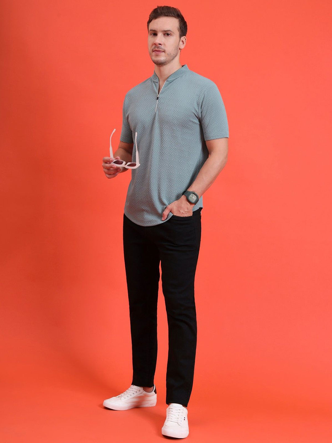 Men Mandarin Collar Tee Casual Wear Half Sleeve Polyester Textured T-shirt