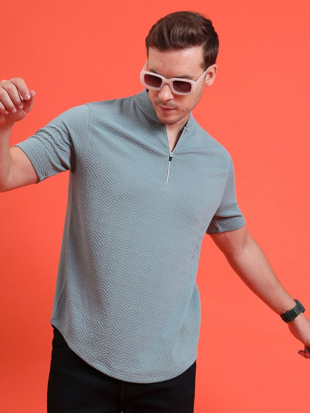 Men Mandarin Collar Tee Casual Wear Half Sleeve Polyester Textured T-shirt