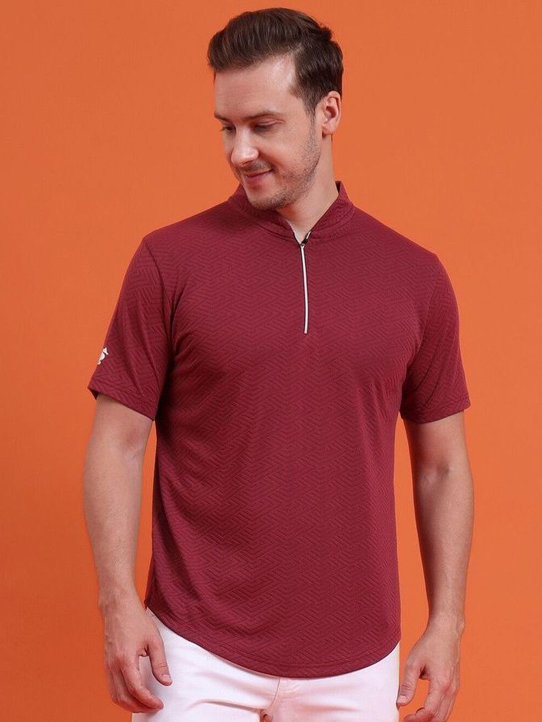 Men Mandarin Collar Tee Casual Wear Half Sleeve Polyester Textured T-shirt