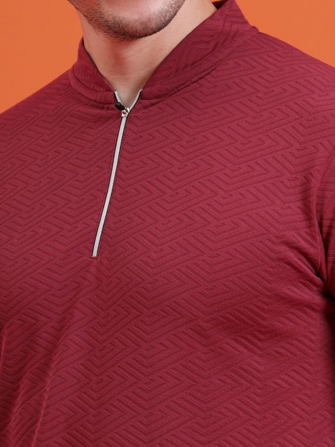 Men Mandarin Collar Tee Casual Wear Half Sleeve Polyester Textured T-shirt