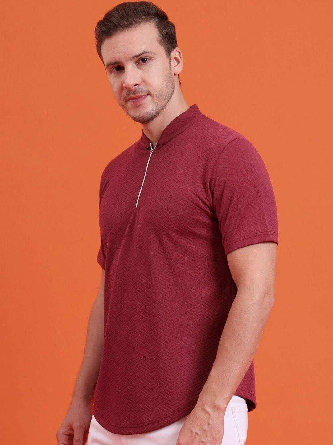 Men Mandarin Collar Tee Casual Wear Half Sleeve Polyester Textured T-shirt