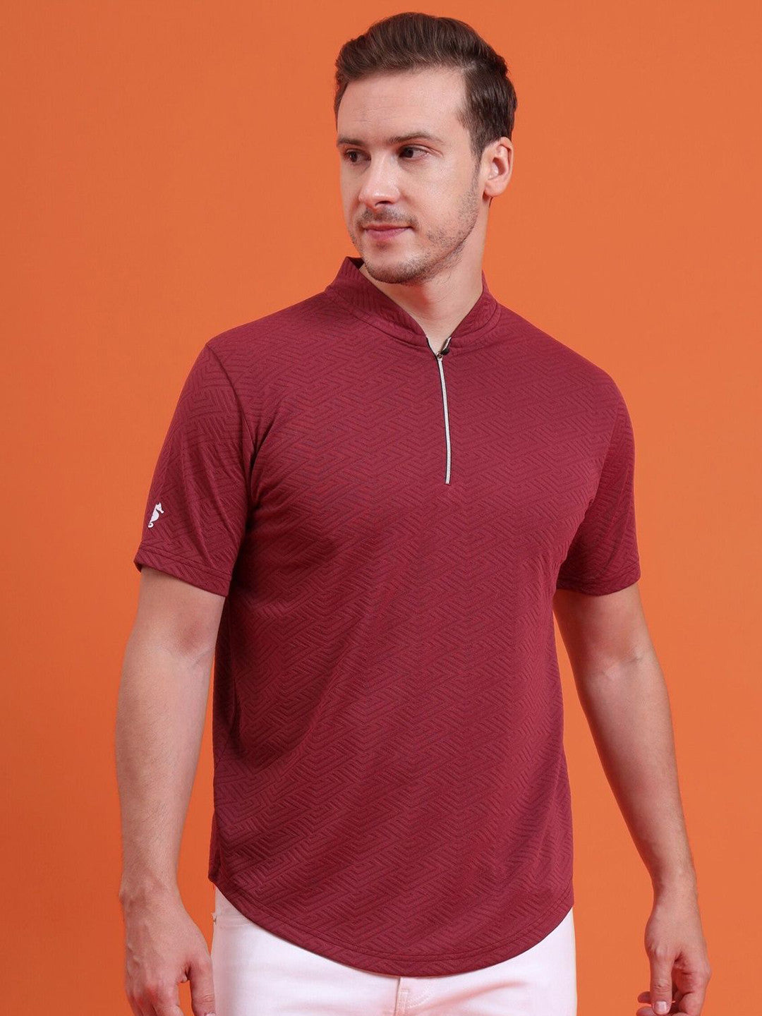 Men Mandarin Collar Tee Casual Wear Half Sleeve Polyester Textured T-shirt