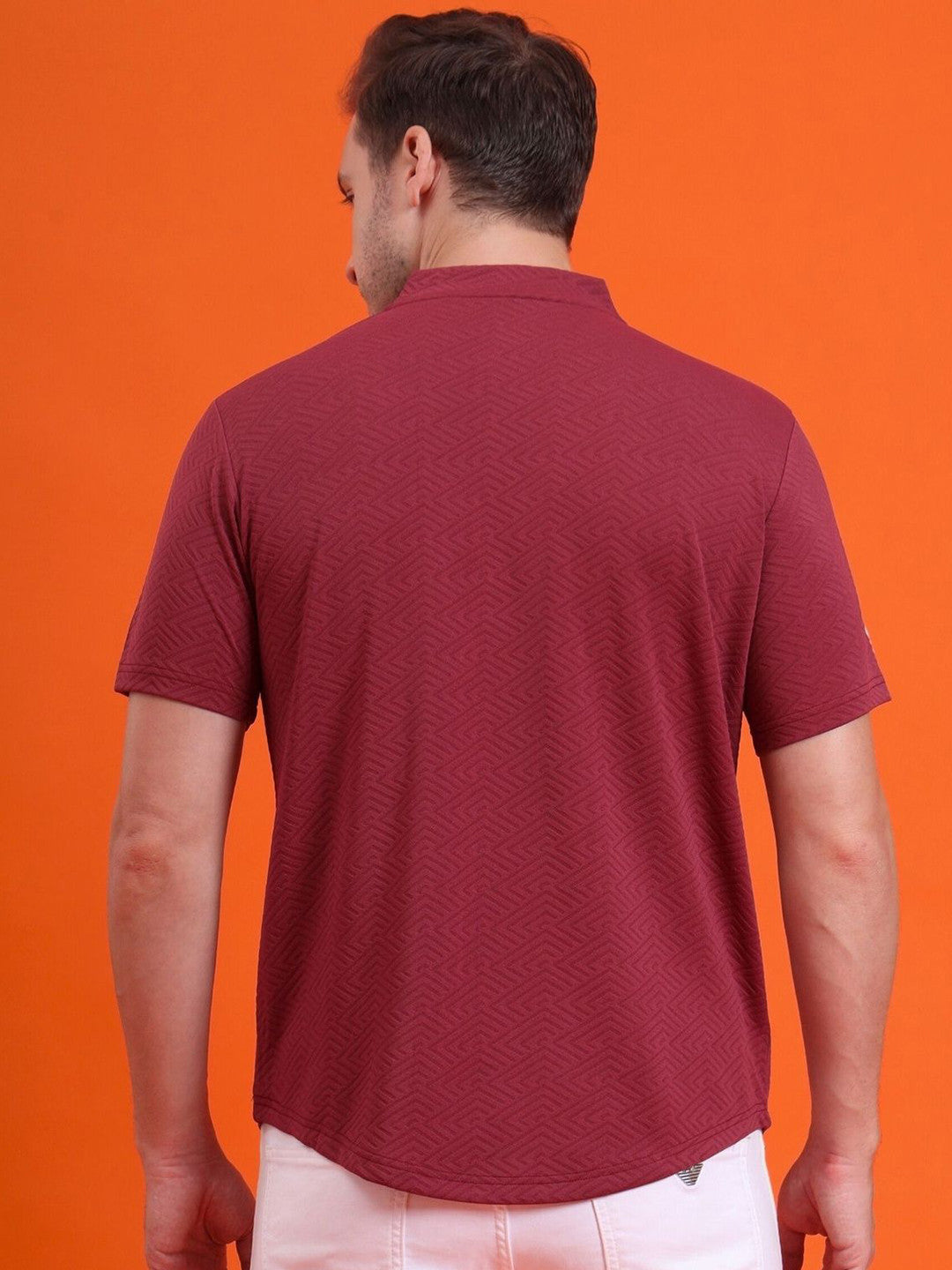 Men Mandarin Collar Tee Casual Wear Half Sleeve Polyester Textured T-shirt