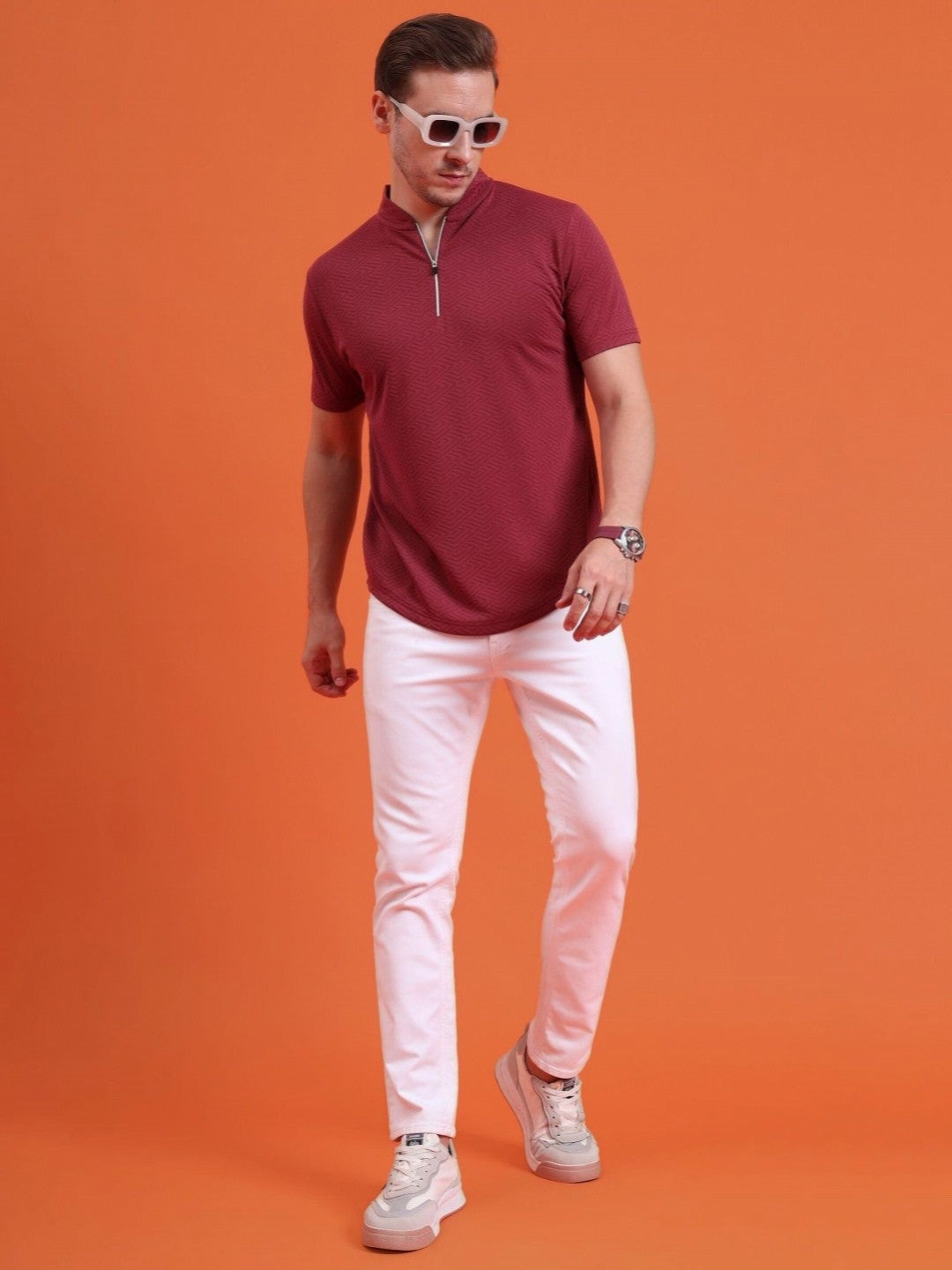 Men Mandarin Collar Tee Casual Wear Half Sleeve Polyester Textured T-shirt