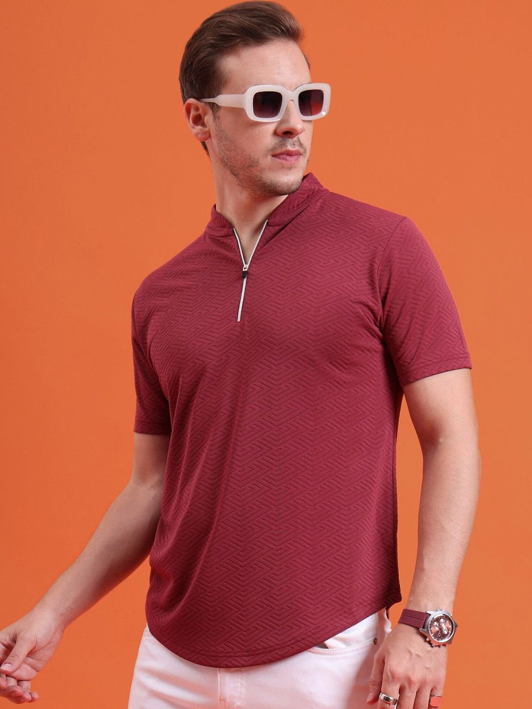 Men Mandarin Collar Tee Casual Wear Half Sleeve Polyester Textured T-shirt