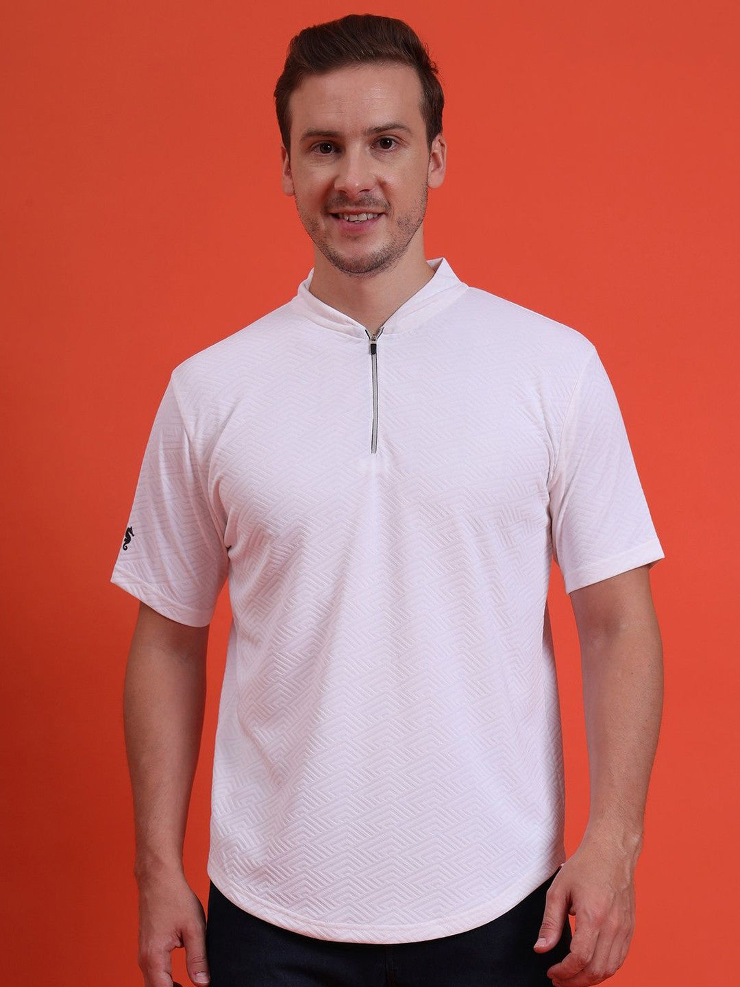 Men Mandarin Collar Tee Casual Wear Half Sleeve Polyester Textured T-shirt