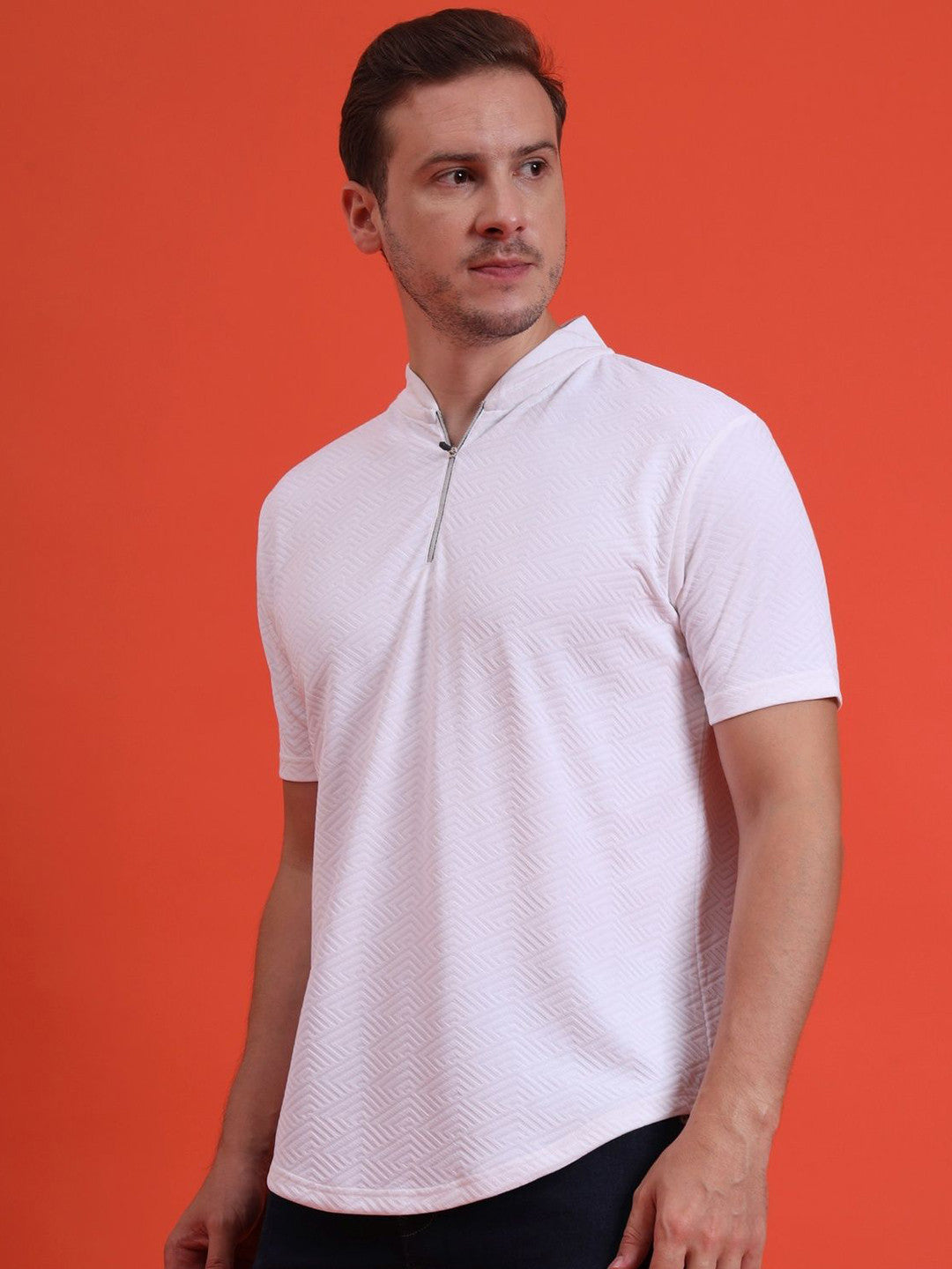 Men Mandarin Collar Tee Casual Wear Half Sleeve Polyester Textured T-shirt